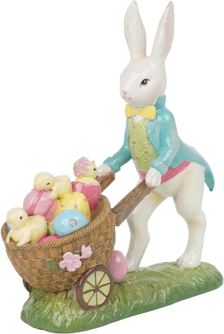 Easter Party Decorations Bunny Décor - Resin Rabbit Statue Pushing Easter Eggs Cart Multi Color Easter Bunny Décor Spring Decorations for Home 4.5 * 1.5 * 5 Inch